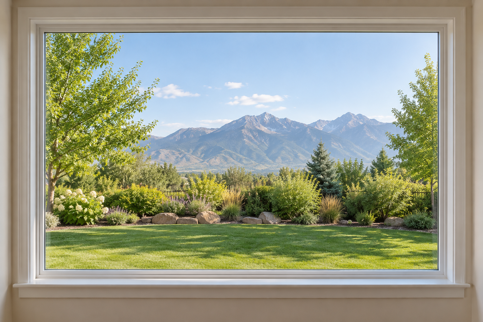 Illustration of a clear window overlooking a garden and mountains